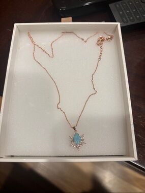 Rose Gold Necklace with Aqua Blue Ice Crystal